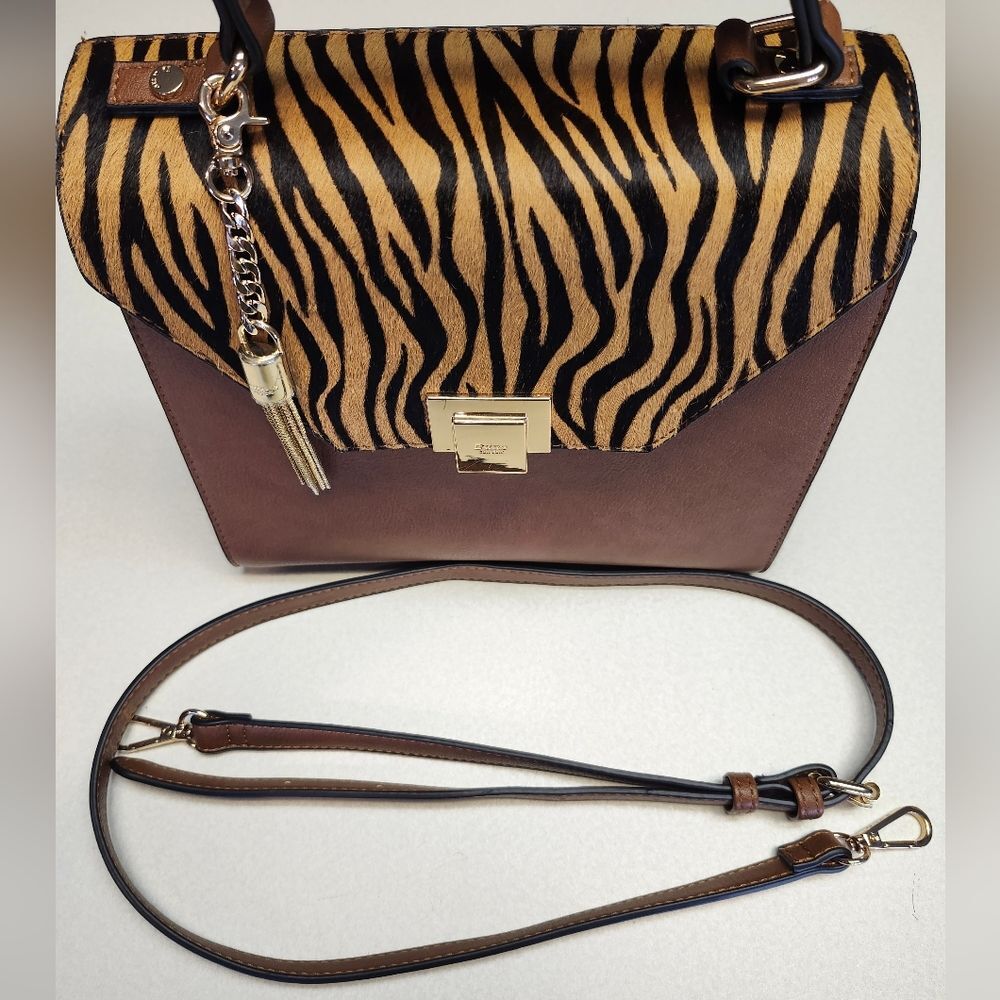 Dune London Genuine Leather & Calf Hair Handbag W Gold Accents, 9"x9"x4.5" - Picture 5 of 10